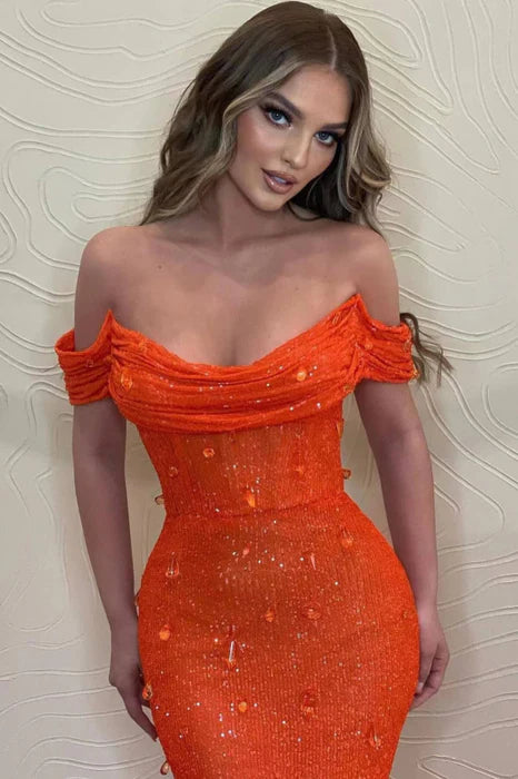 Luxury Orange Mermaid Off The Shoulder Prom Dress With Sequins