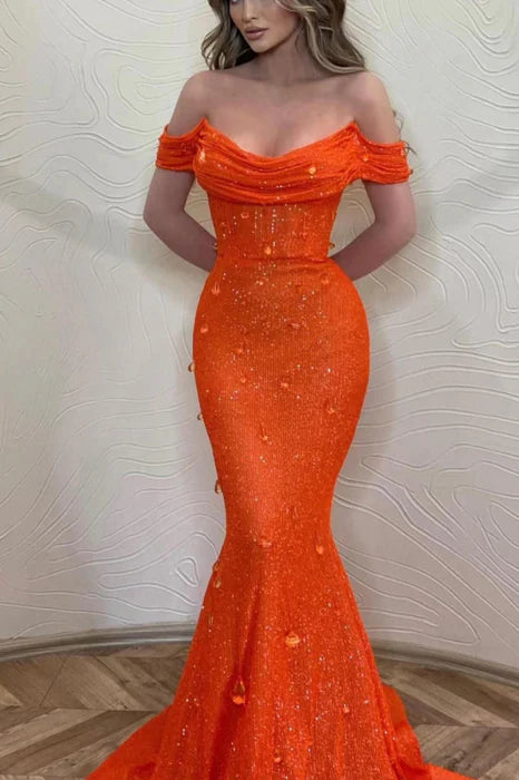 Luxury Orange Mermaid Off The Shoulder Prom Dress With Sequins