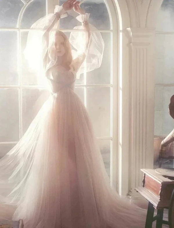 Elegant  A-Line Boho Engagement Formal Evening Birthday Dress Scoop Neck Long Sleeve Sweep / Brush Train Tulle with Pleats Ruched