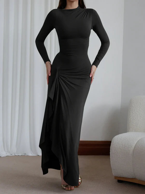 Elegant Ruched Bodycon Long Ankle-Length Sleeve Dress Prom Dresses