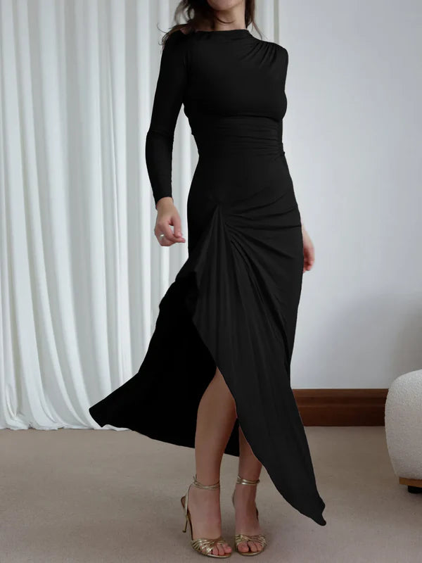 Elegant Ruched Bodycon Long Ankle-Length Sleeve Dress Prom Dresses