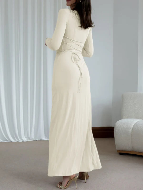 Elegant Ruched Bodycon Long Ankle-Length Sleeve Dress Prom Dresses