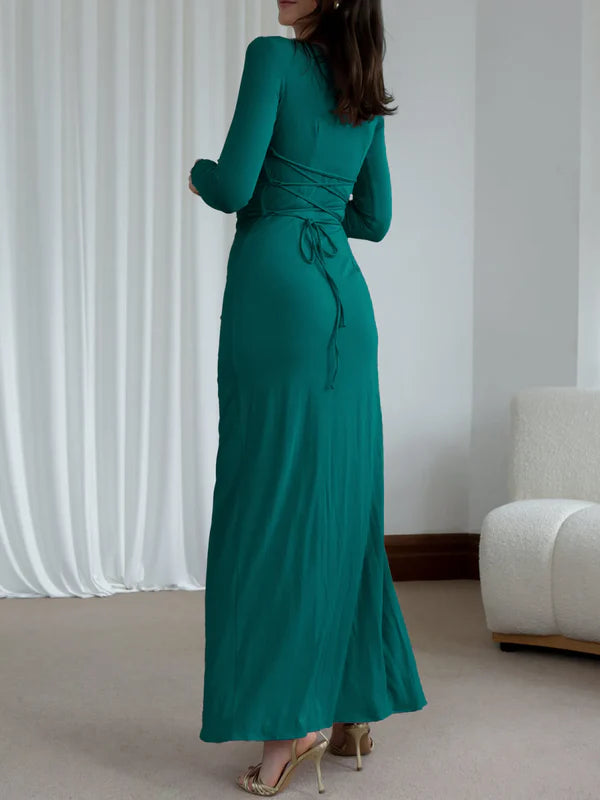 Elegant Ruched Bodycon Long Ankle-Length Sleeve Dress Prom Dresses