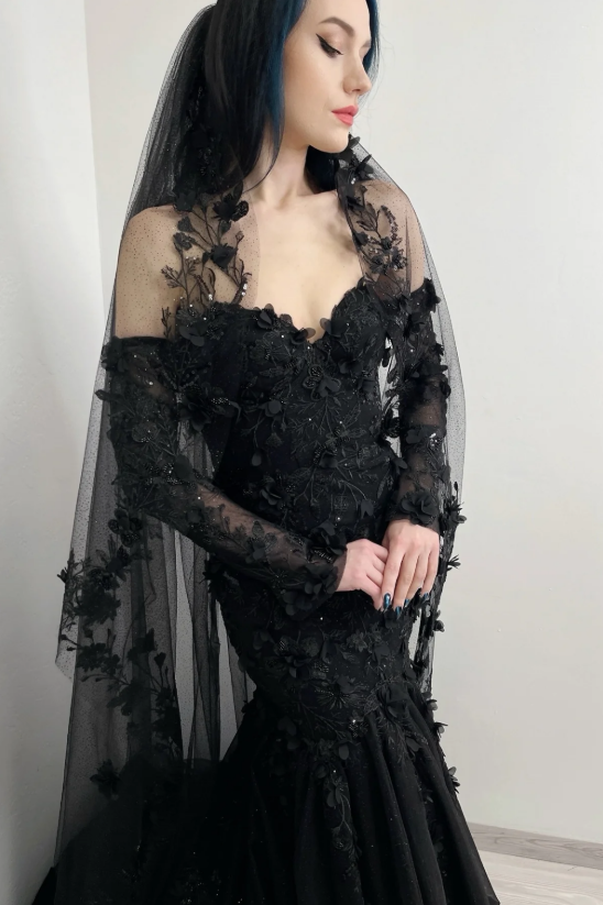 Chic Black Mermaid Sweetheart Lace Off-The-Shoulder Long Sleeves Sequined Cathedral Train Satin Evening Dresses With Appliques