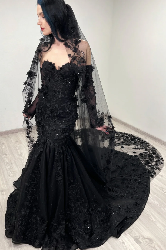 Chic Black Mermaid Sweetheart Lace Off-The-Shoulder Long Sleeves Sequined Cathedral Train Satin Evening Dresses With Appliques