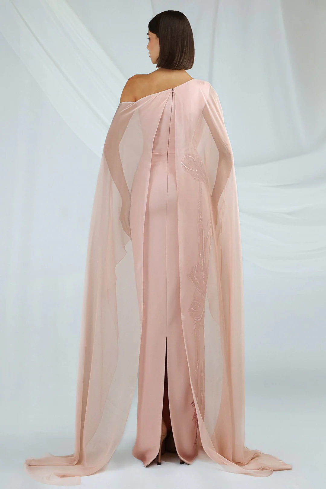 Elegant Cape Off the shoulder Fitted Ruched Slit Prom Dresses