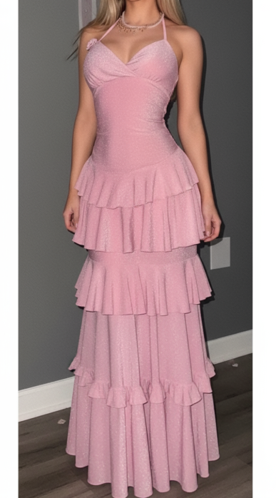 Fashion Funkelndes Rosa Spaghetti Straps Long Ballkleid Abendkleider Brautjungfernkleider Abendkleid Ballkleid