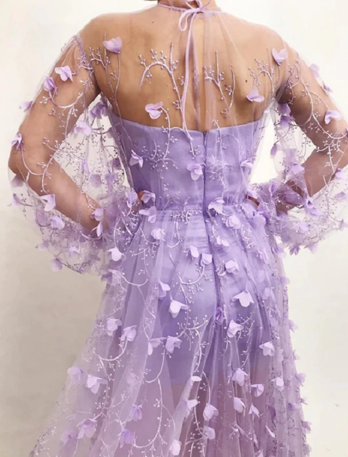 A-Line Prom Dresses Wedding Guest Prom Floor Length Long Sleeve V Neck Tulle with Appliques