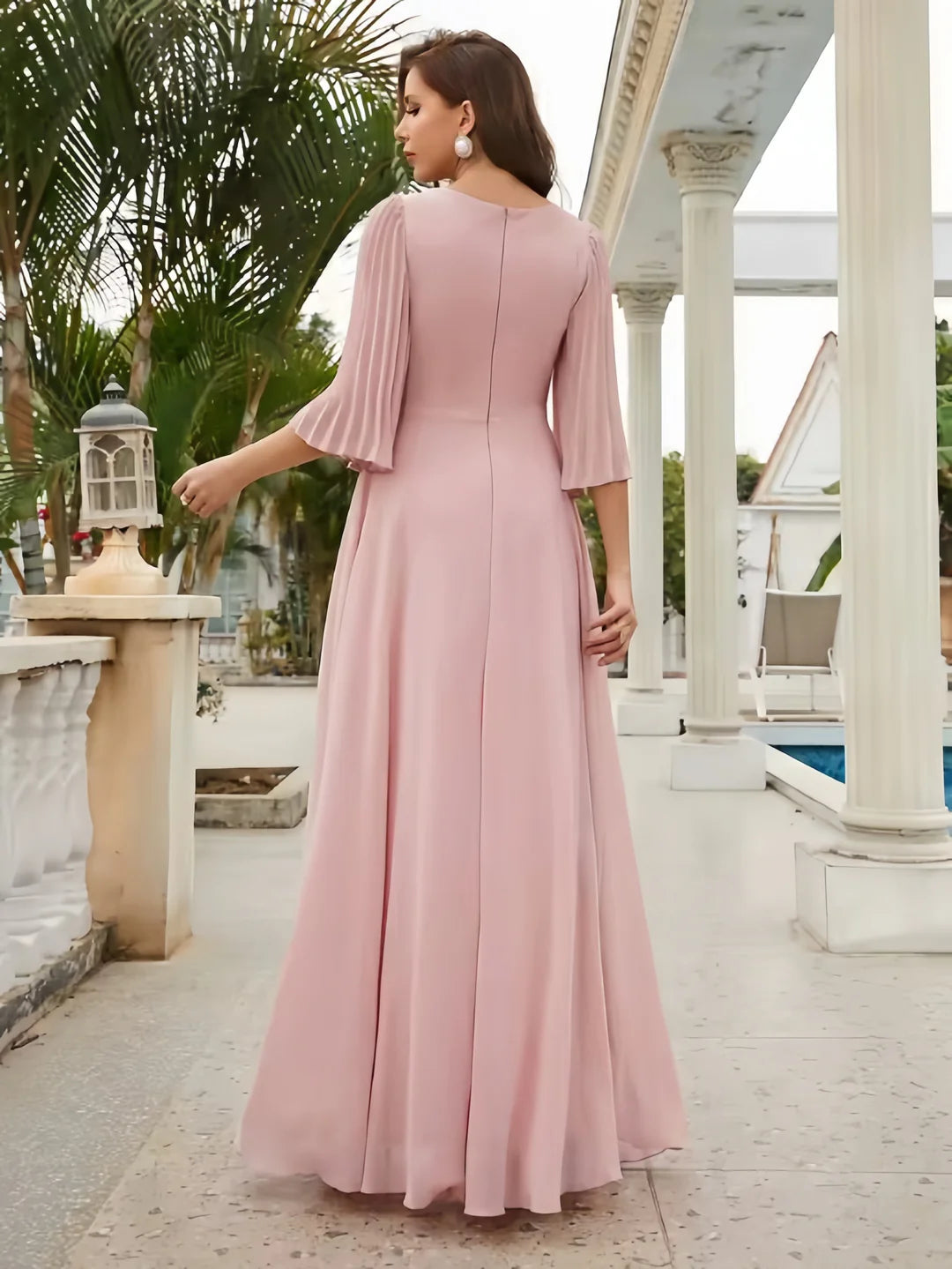 Elegant Chiffon V-Neck Flared Sleeves Floor-Length Evening Gown