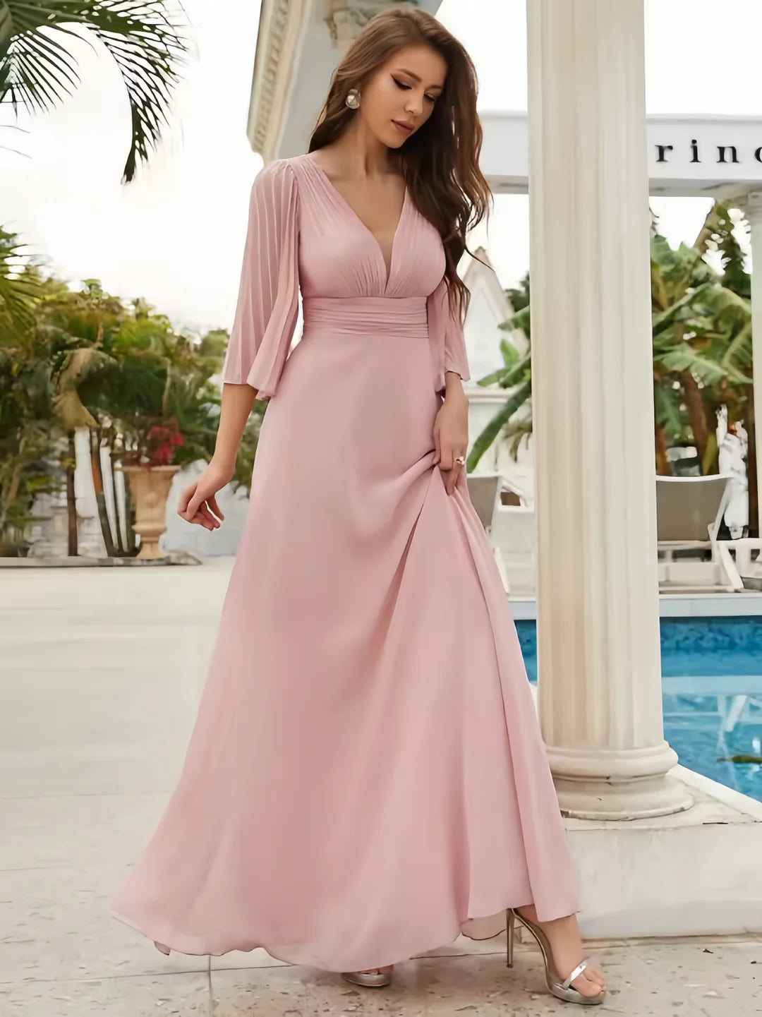 Elegant Chiffon V-Neck Flared Sleeves Floor-Length Evening Gown