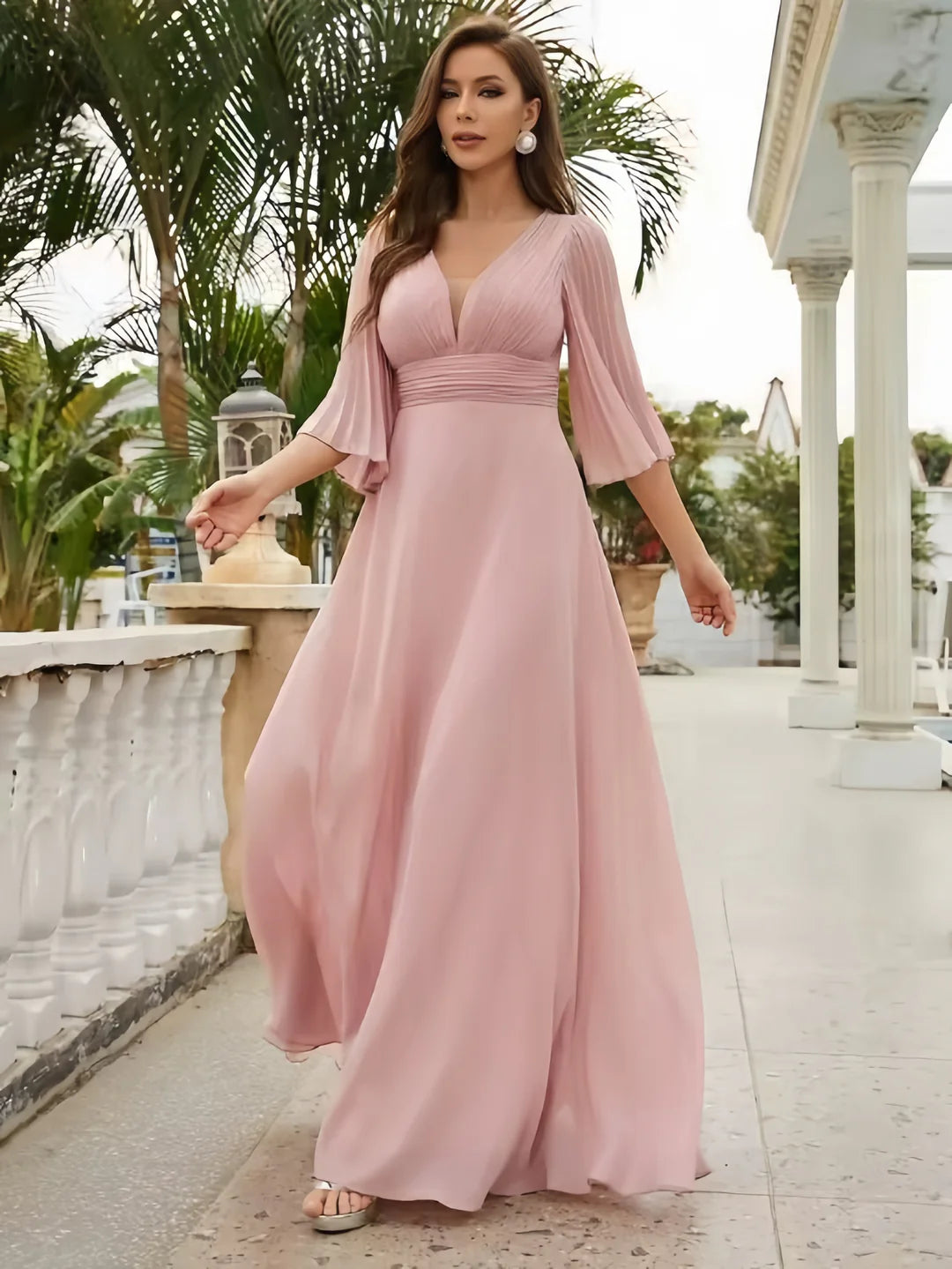Elegant Chiffon V-Neck Flared Sleeves Floor-Length Evening Gown