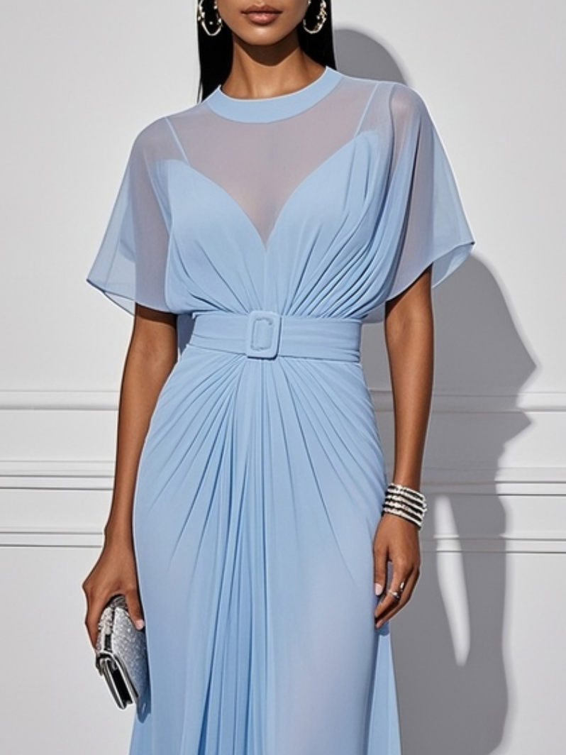 Light Blue Ruched Chiffon Crew Neck Short Sleeve A-Line Maxi Dress