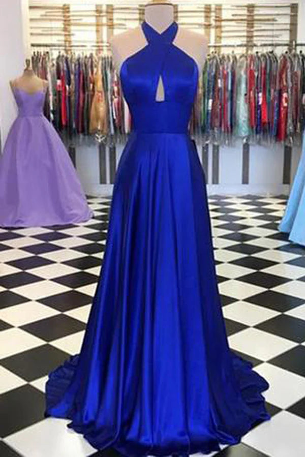 A-line Round Neck Satin Prom Dresses Long Formal Dress