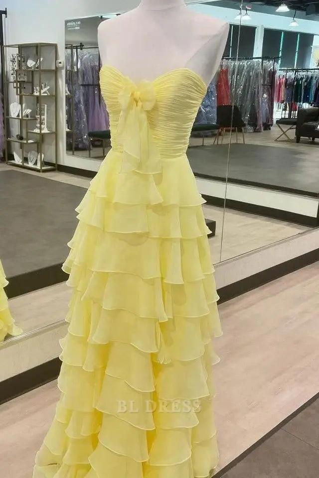 A-line Sweetheart Yellow Chiffon Tiered Ruffles formal dresses Bridesmaid Dresses evening gown Prom Dress
