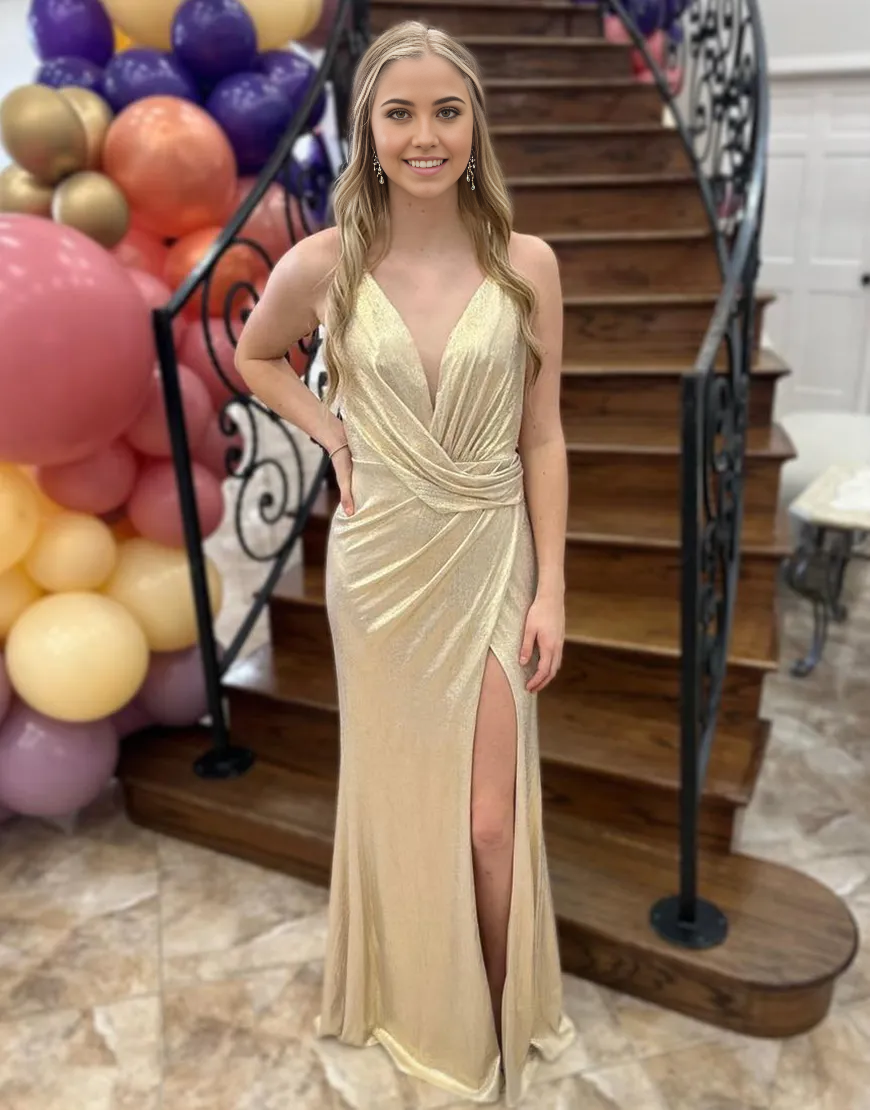 Mermaid V Neck Ruched Open Back Gold Long formal dresses Bridesmaid Dresses evening gown Prom Dress with Slit