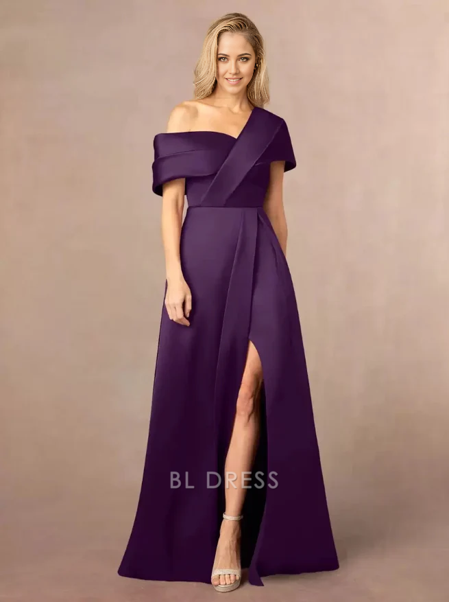 A-Line One-Shoulder Short Sleeves Split Front Floor-Length Wedding Guest Dresses Mother Of The Bride