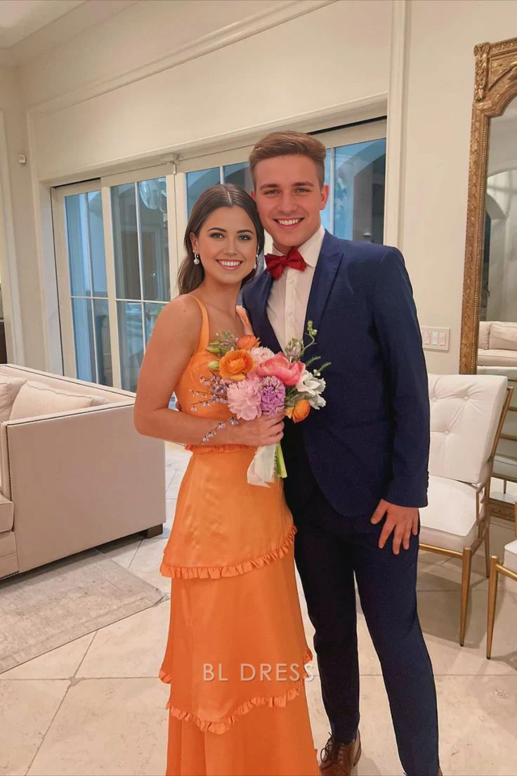 A Line Sweetheart Corset Tiered Orange Long formal dresses Bridesmaid Dresses evening gown Prom Dress