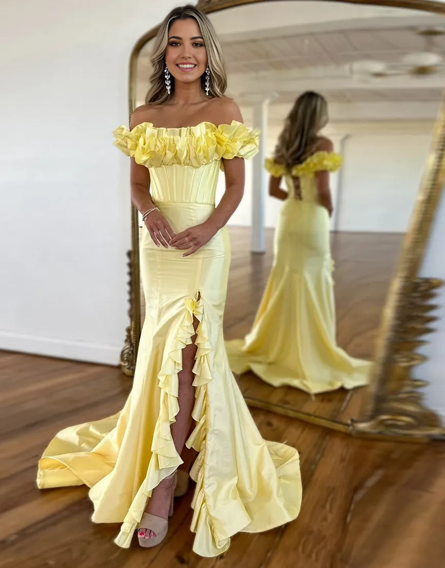 Mermaid Ruffled Off the Shoulder Corset Yellow Long formal dresses evening gown Prom Dress with Slit