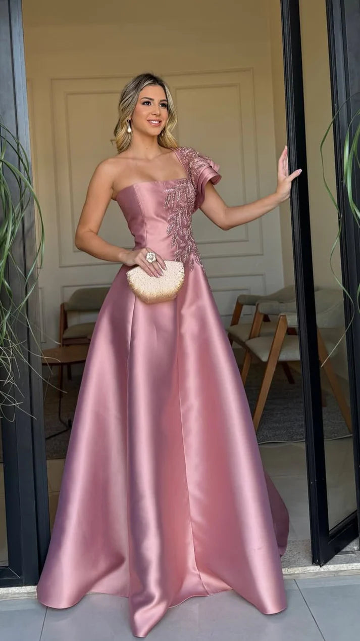 Simple A Line One Shoulder Satin Sleeveless Pink Long Prom Dresses Wedding Guest Dress Classy Prom Gowns