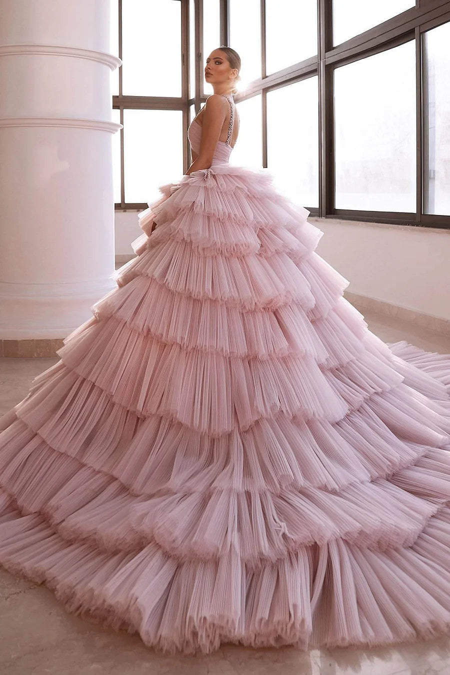 Luxurious Deep Sleeveless Pink V-Neck Prom Dress Tulle Layer