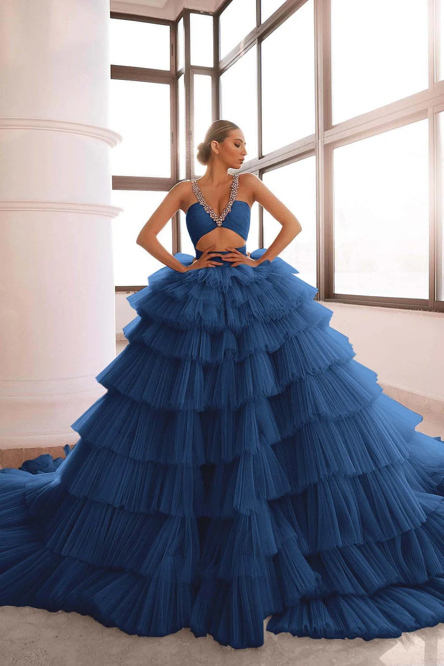 Luxurious Deep Sleeveless Pink V-Neck Prom Dress Tulle Layer