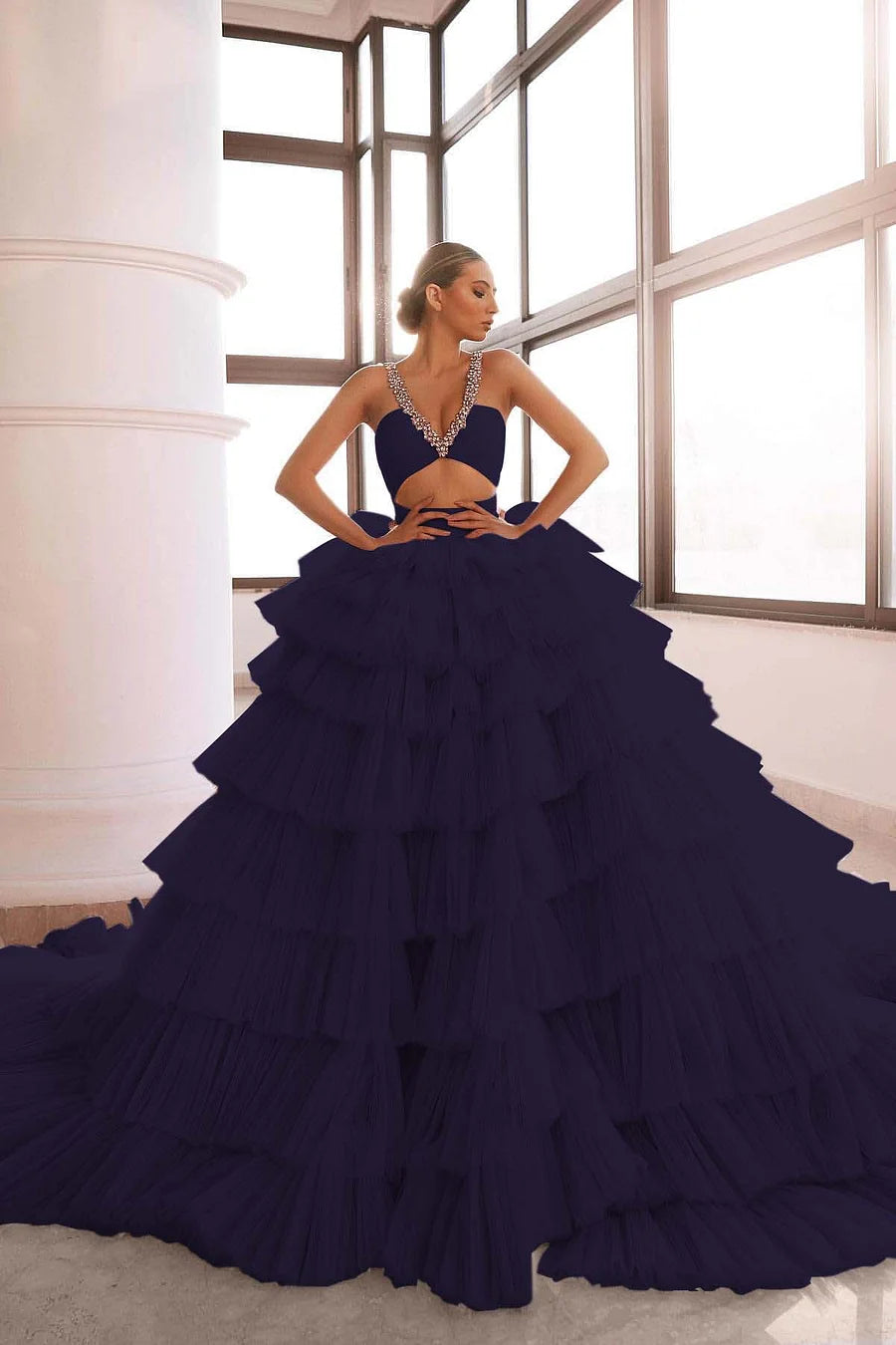 Luxurious Deep Sleeveless Pink V-Neck Prom Dress Tulle Layer