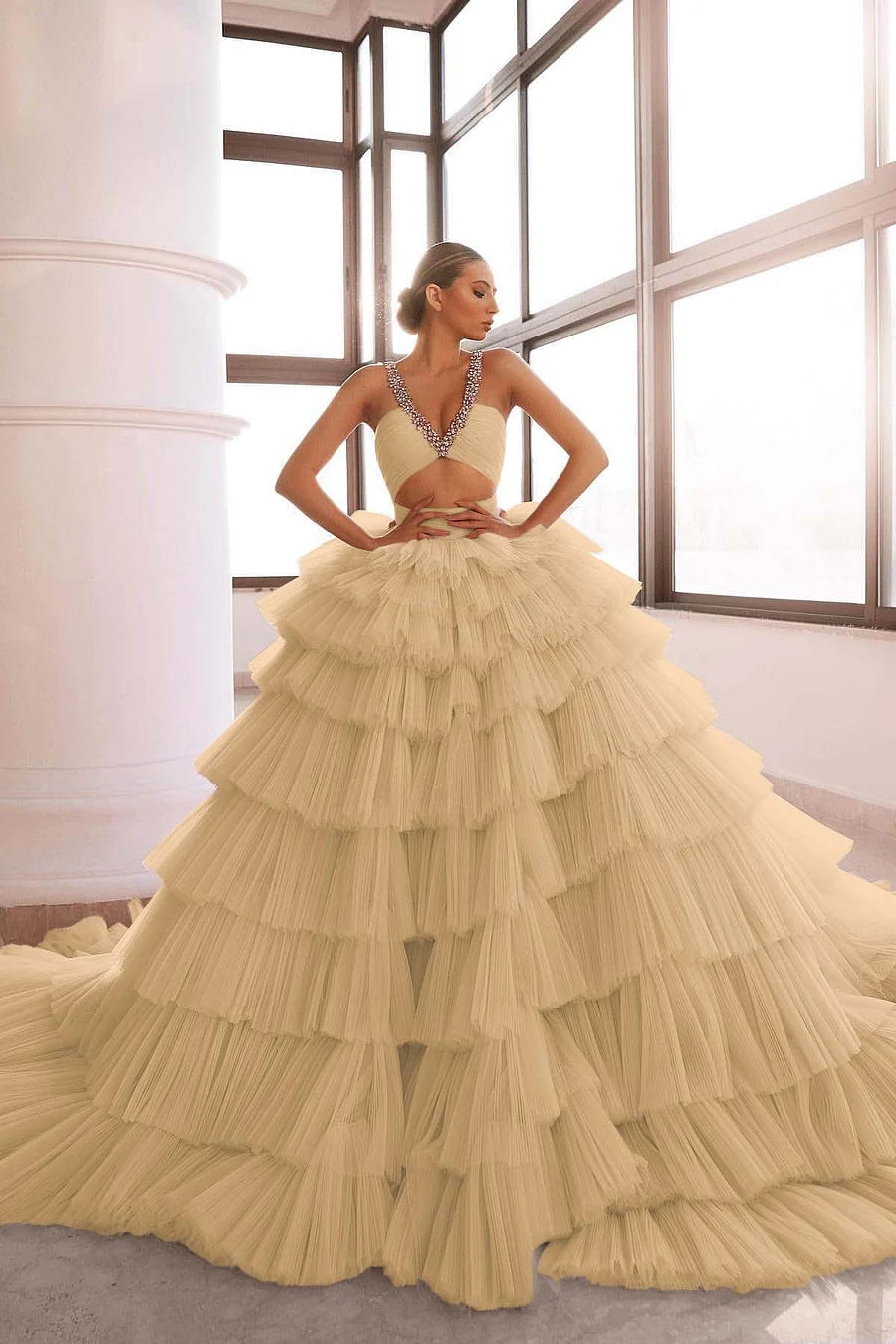 Luxurious Deep Sleeveless Pink V-Neck Prom Dress Tulle Layer