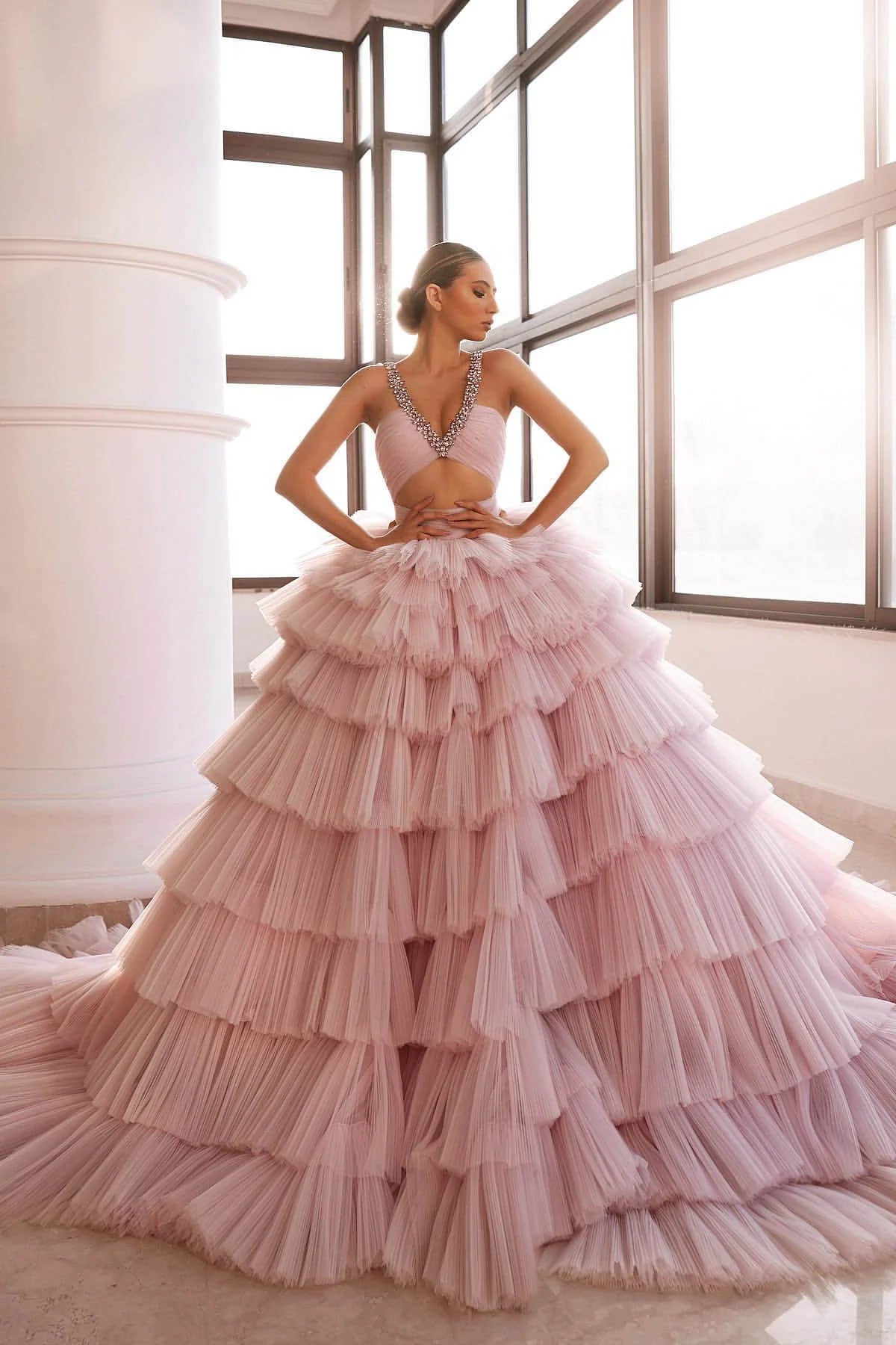 Luxurious Deep Sleeveless Pink V-Neck Prom Dress Tulle Layer
