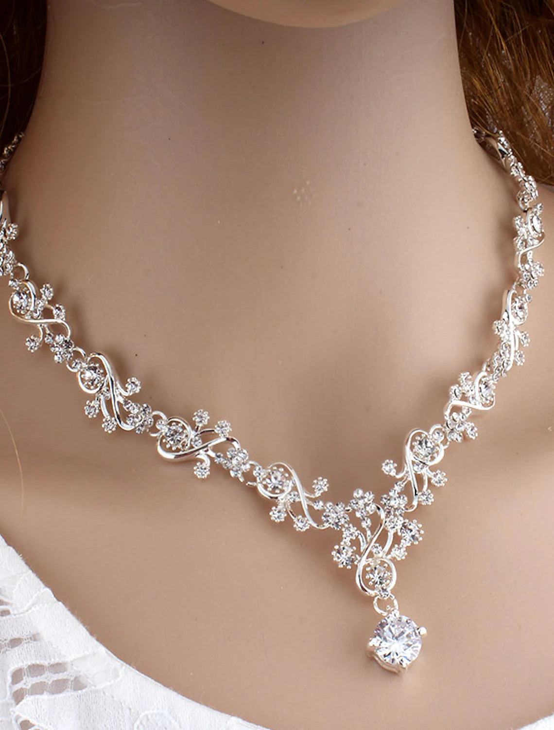 Hoop Earrings 1 set White Cubic Zirconia Rhinestone Zinc 1 Necklace Earrings Women's Basic Elegant Classic Drop Feather Jewelry Set For Party Wedding Carnival / Bridal Jewelry Sets