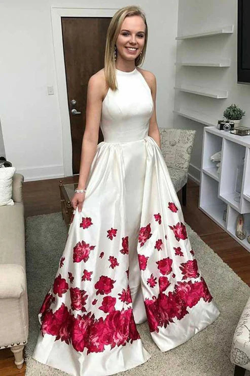 Halter Ivory White Printed Satin Prom Dress with Pockets