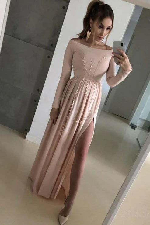 Modern Long Sleeve Silver Side Slit Formal Dress