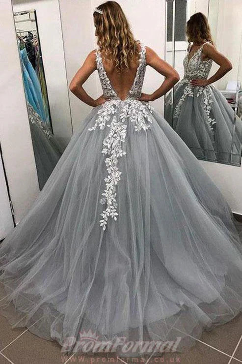 Elegant Ball Gown Grey V Neck Long Prom Dress