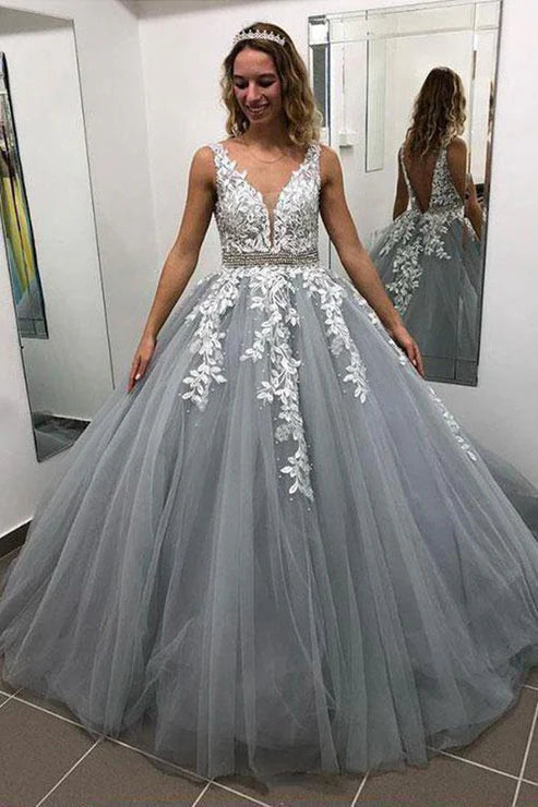 Elegant Ball Gown Grey V Neck Long Prom Dress