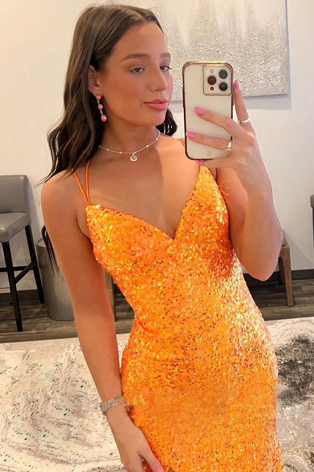 Sheath Spaghetti Straps Sequins Long Prom Dress with Split Front