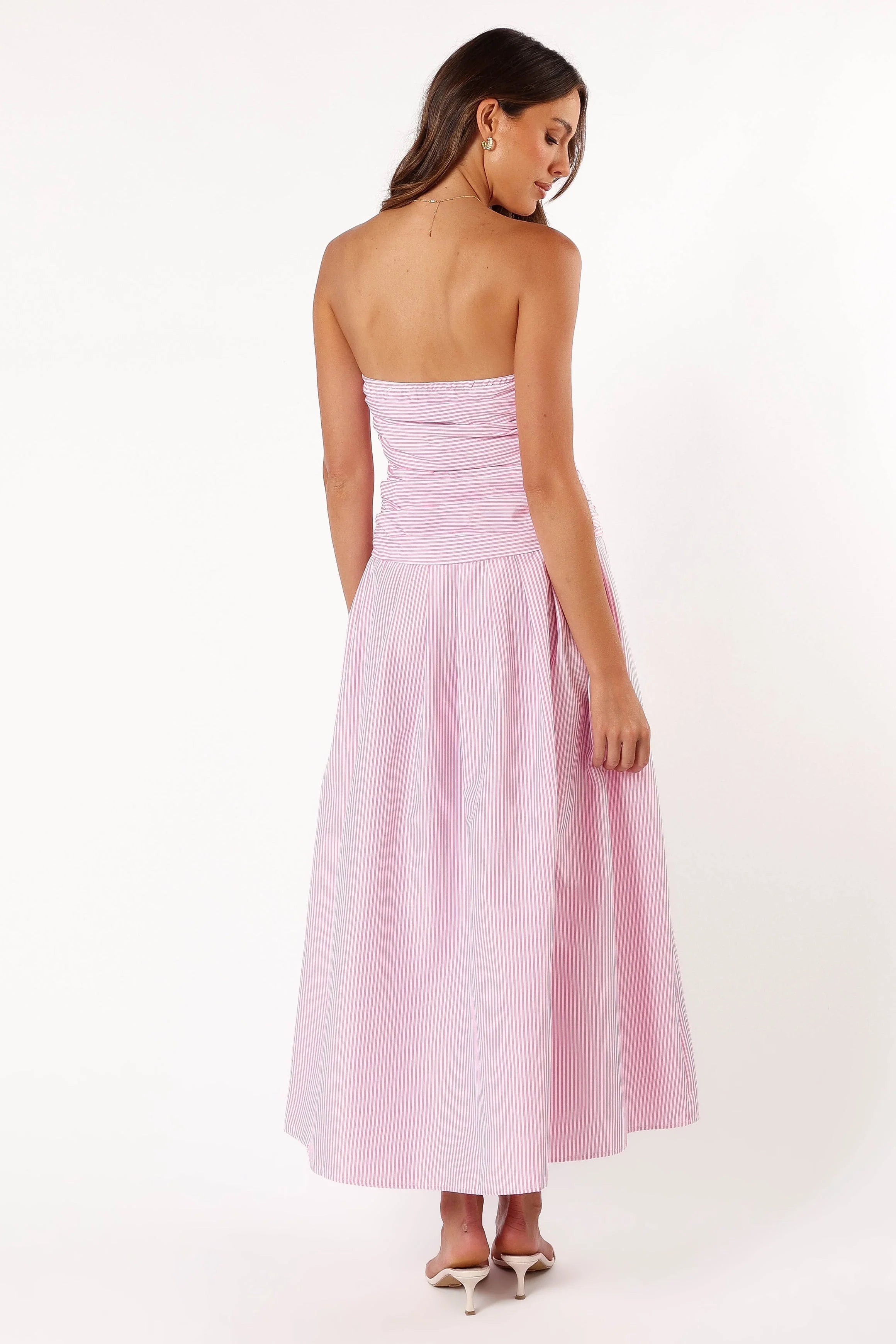 Sexy Strapless Ruched Maxi Dress - Pink Stripe