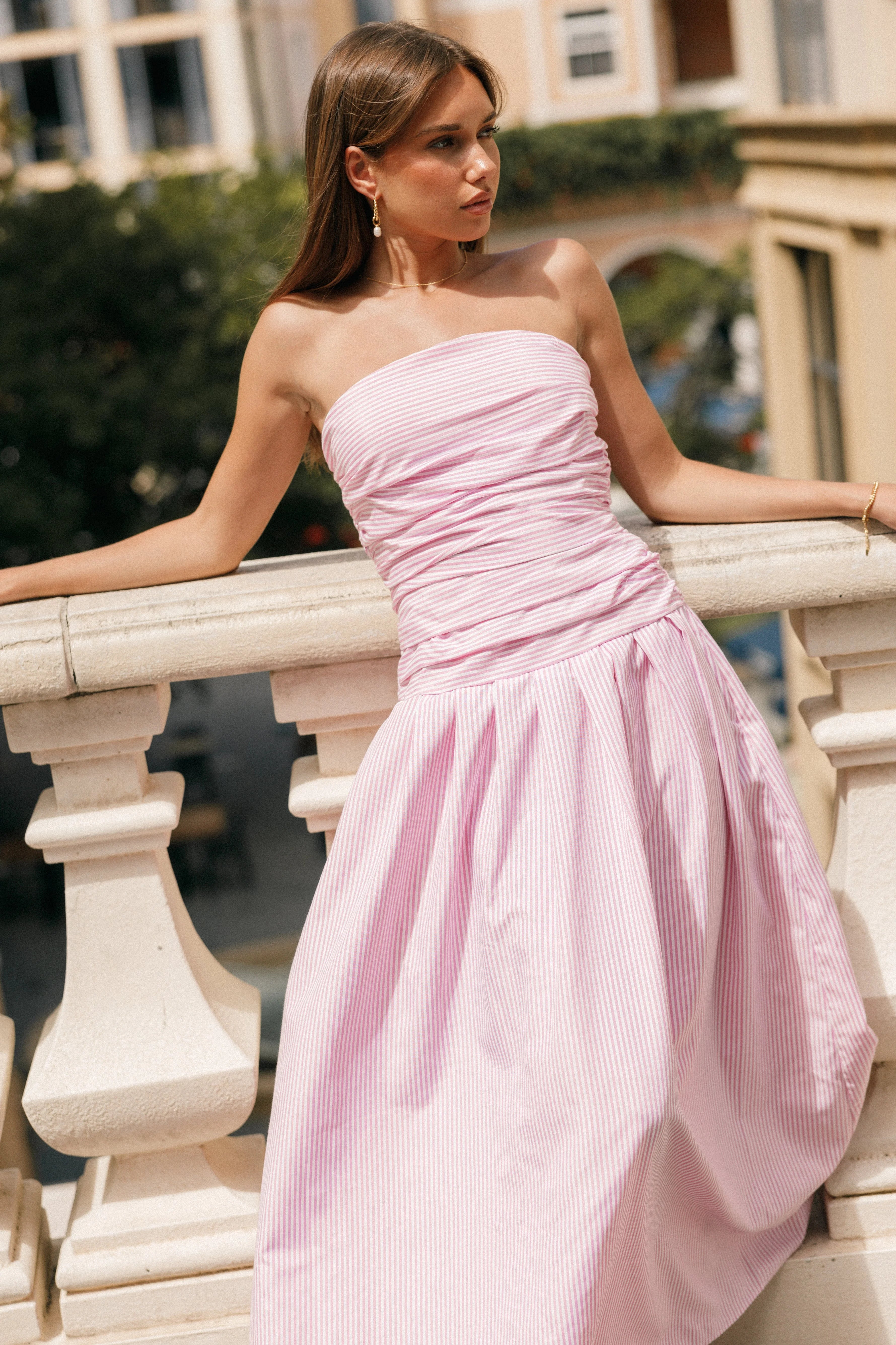 Sexy Strapless Ruched Maxi Dress - Pink Stripe