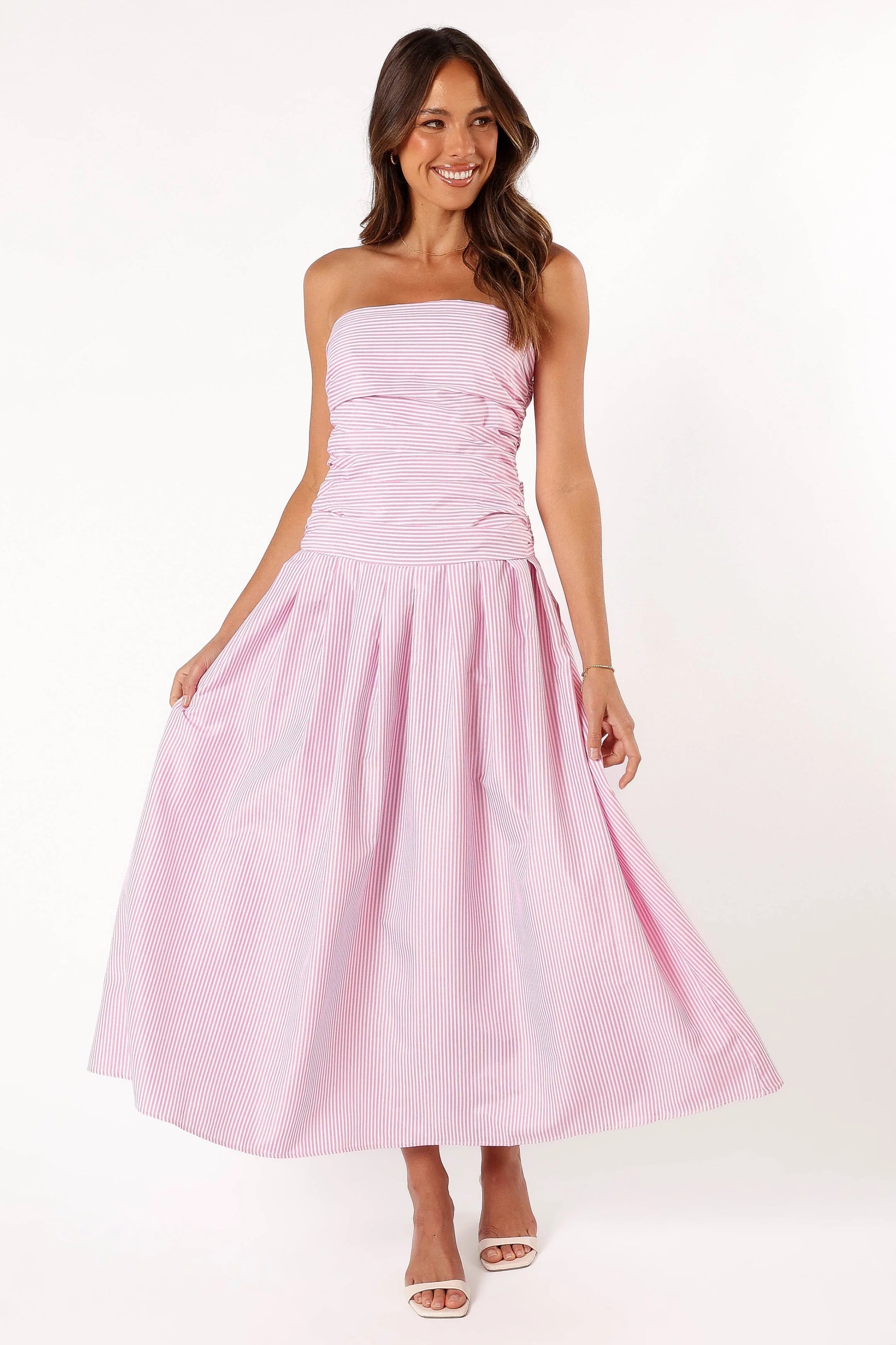 Sexy Strapless Ruched Maxi Dress - Pink Stripe