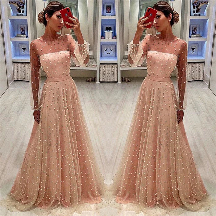 See Through Tulle Bubble Sleeves Prom Party Gowns| Full Beading Long Sleeves Evening Dresses