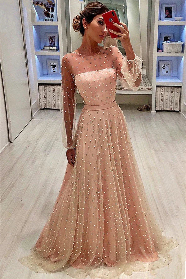 See Through Tulle Bubble Sleeves Prom Party Gowns| Full Beading Long Sleeves Evening Dresses