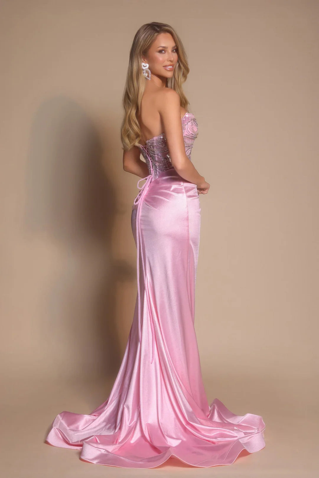 Sparkling Glitter Strapless Ruched Split Backless Brush Train Prom Dresses