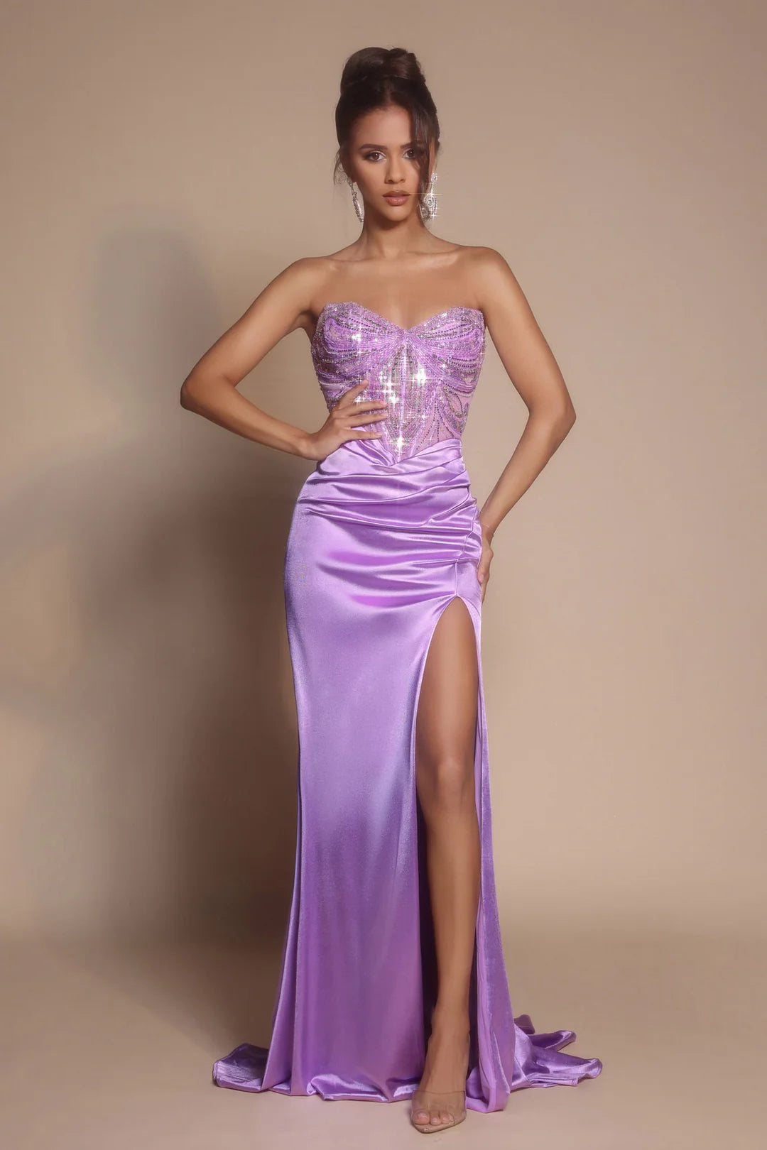 Sparkling Glitter Strapless Ruched Split Backless Brush Train Prom Dresses