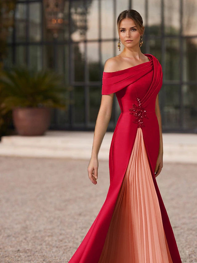 Mermaid / Trumpet Floor Length Prom Dresses Evening Gown Ball Gown Formal Dress Elegant Color Block Short Sleeve
