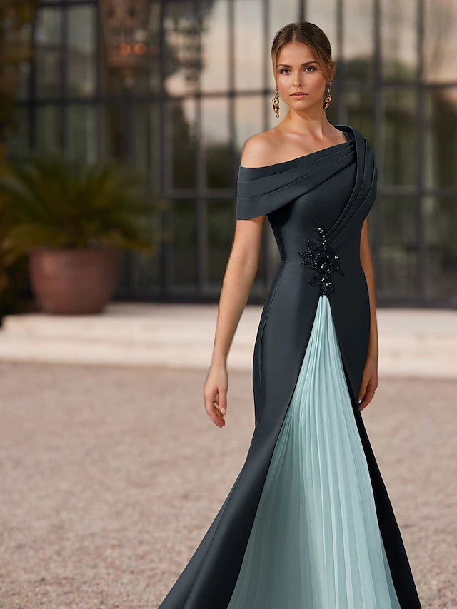Mermaid / Trumpet Floor Length Prom Dresses Evening Gown Ball Gown Formal Dress Elegant Color Block Short Sleeve