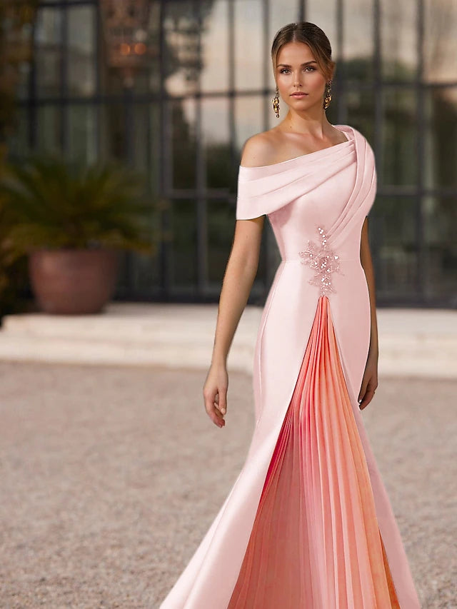 Mermaid / Trumpet Floor Length Prom Dresses Evening Gown Ball Gown Formal Dress Elegant Color Block Short Sleeve