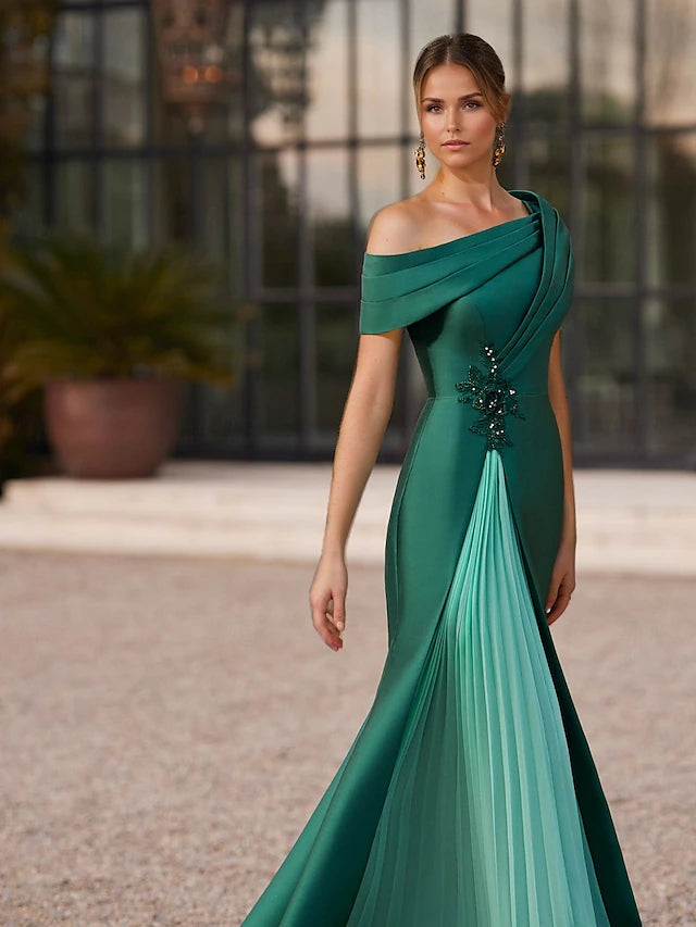 Mermaid / Trumpet Floor Length Prom Dresses Evening Gown Ball Gown Formal Dress Elegant Color Block Short Sleeve