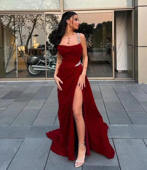 Elegant Sheath Straps Burgundy Satin Silver Beads Slit Long Prom Dresses Formal Dress