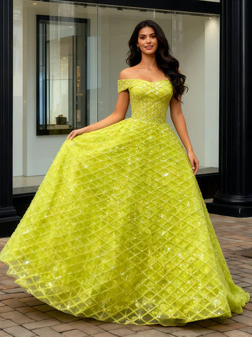 Chic Spaghetti Straps Beading Tulle YellowA Line Prom Dress