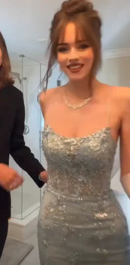 Gorgeous Mermaid Spaghetti Straps Tulle Sequin Long Prom Dress