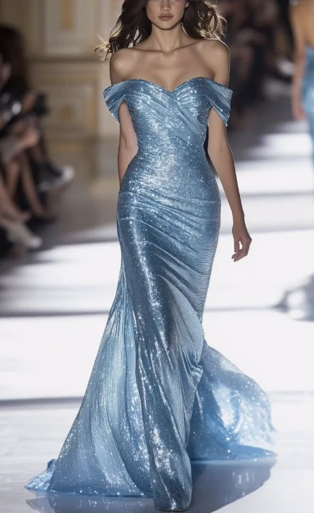 Classy Off The Shoulder Mermaid Evening Dress Blue Long Prom Dress