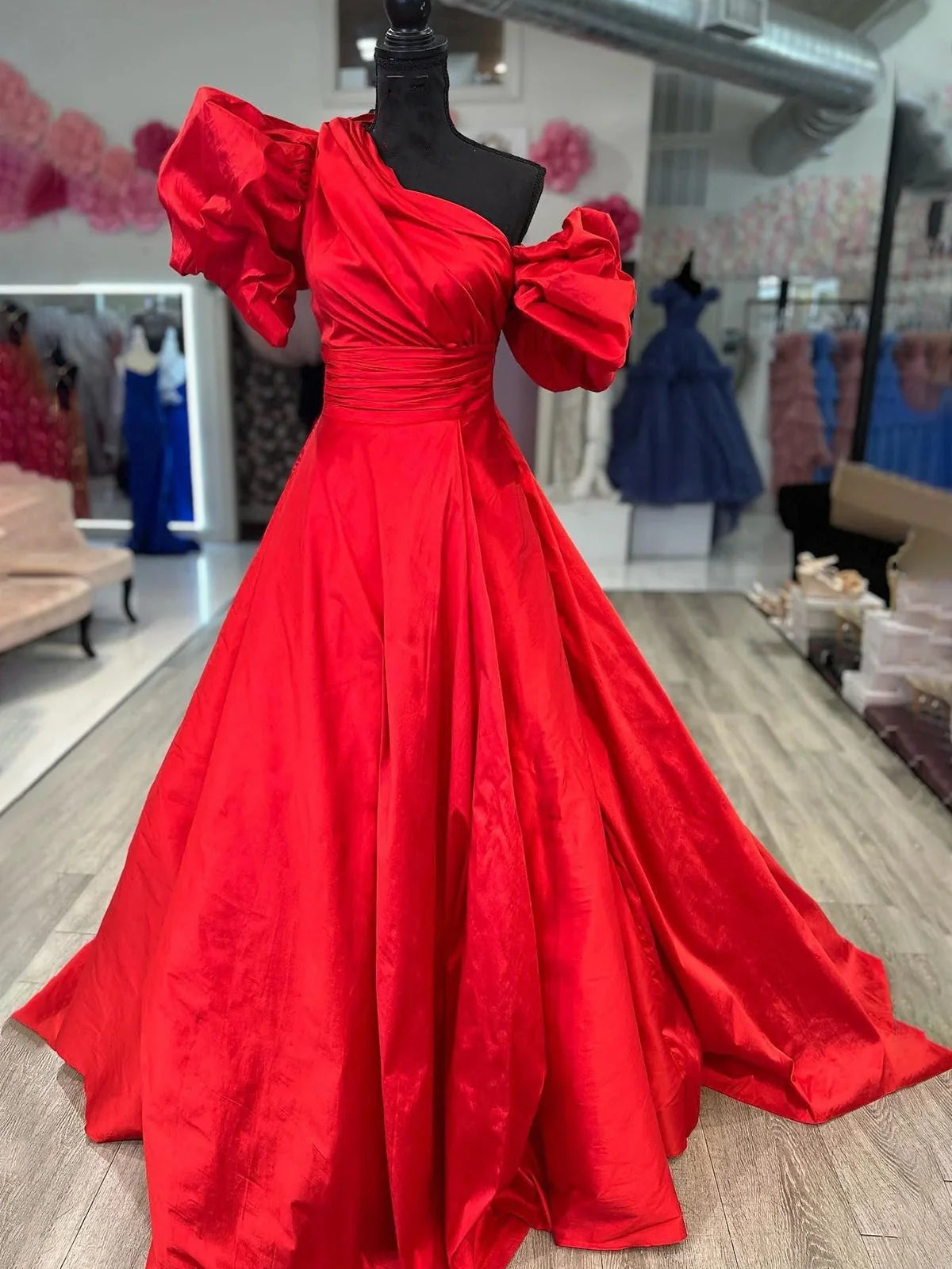 Chic Fuchsia One-Shoulder A-Line Long Prom Dress with Puff Sleeves